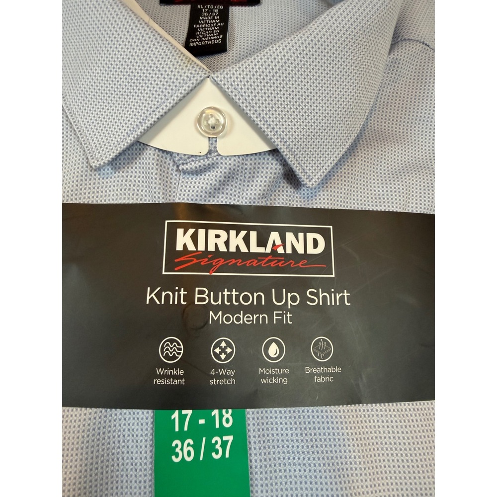Kirkland Signature Mens Knit Button Up Shirt Modern Fit Blue 17-18 36/37 XL